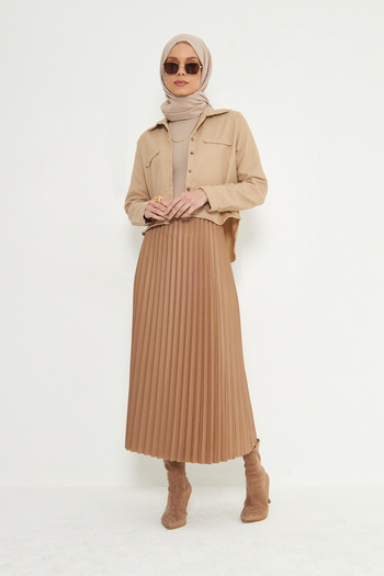 RTBUTİK Cream Leather Look Pleated Hijab Skirt, Hijab Skirt, Women's Gift Skirt, Stylish Skirt, Long Skirt