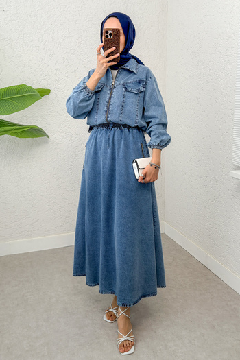 Salih Çelebi Denim Jacket Skirt Suit 6119 - Blue