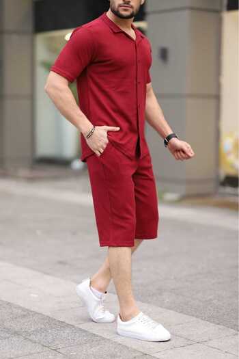 Know Men's Burgundy Waffle Fabric Capri Shorts Shirt Set
