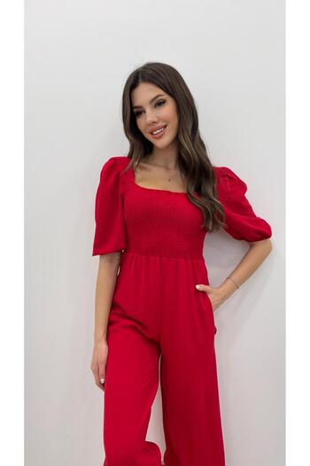 Nazline Women's Square Neck Front Back Gimped Balloon Sleeve Airobin Short Sleeve Long Jumpsuit