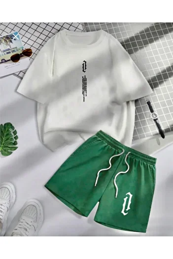 BYMEER White Green Vertical Printed Shorts T-Shirt Set