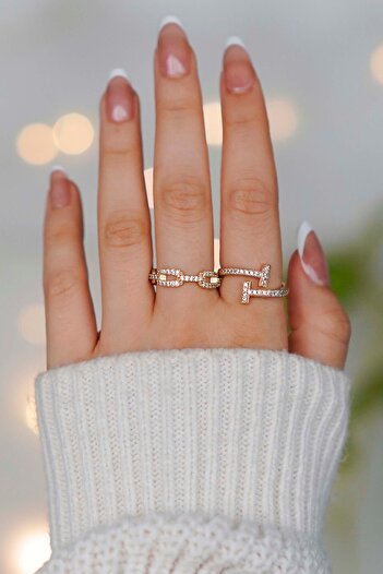 TREND COLLECTİON Taşlı Ayarlanabilir 2'li Gold Kadın Yüzük Set