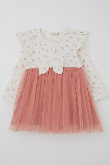 Breeze Girls' Long Sleeve Dress Floral Bow Tulle 1.5-5 Years, Ecru