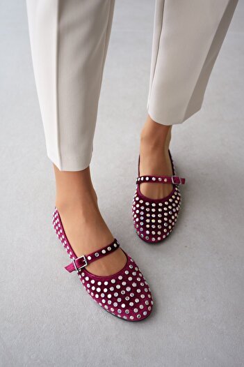 selinshoes Studded on Velvet Fabric Strong Women's Ballerinas with Ankle-Tied