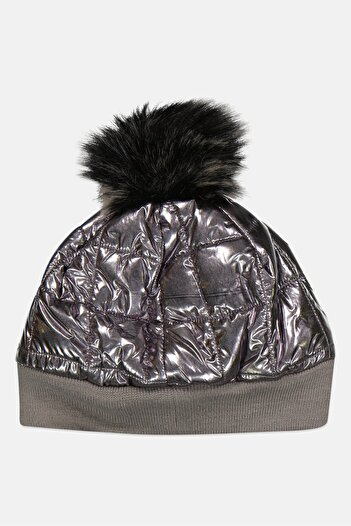 Body Glove Women Shiny Quilted Pom Pom Beanie Hat, Silver