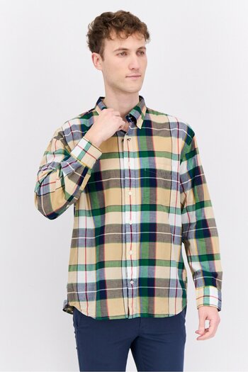 Gant Men Relaxed Fit Plaid Long Sleeves Casual Shirt, Beige Combo