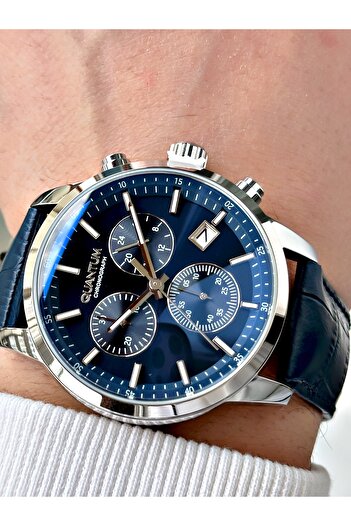 Quantum Function Leather Cord Navy Blue-Silver Color Steel Case Men's Wristwatch 1197.399