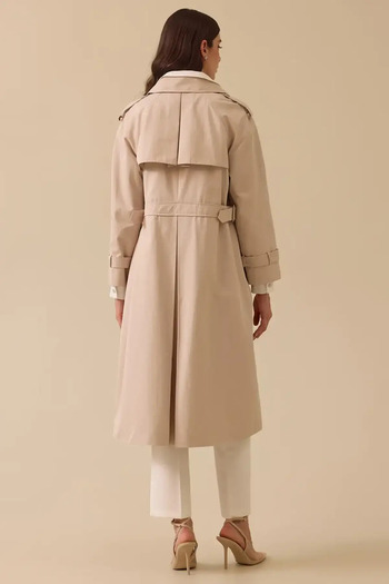 SEÇİL Women's Buttoned Knee-Length Trench Coat with Pockets - Beige