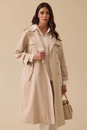 SEÇİL Women's Buttoned Knee-Length Trench Coat with Pockets - Beige