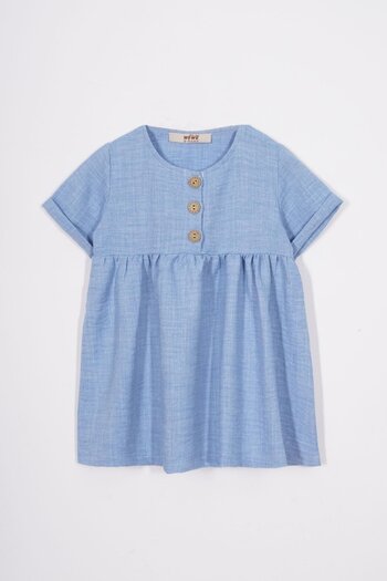 zepkids Crew Neck Buttoned Hat Accessory Baby Blue Color Girls Linen Dress