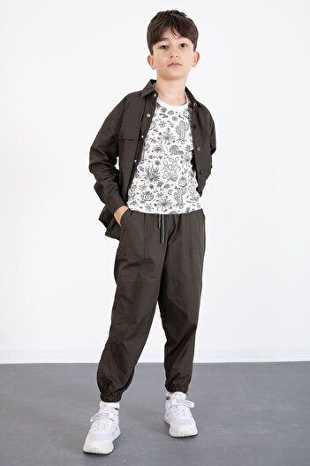 Cansın Mini Khaki Printed T-Shirt Parachute Shirt and Pants Boy's 3-Piece Set 20514