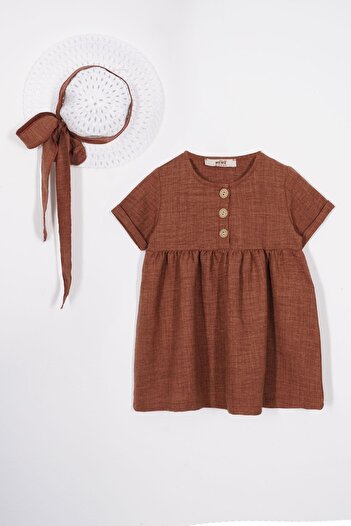 zepkids Crew Neck Buttoned Brown Color Girls Linen Dress with Hat Accessories