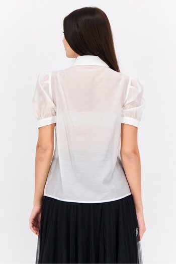 Steve Madden Women Spread Collar Short Sleeves Ruffle Shirt, White