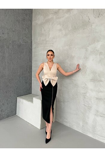 1Moda1Tarz Γυναικείο φόρεμα με λεπτομέρεια από κορδέλα με επένδυση από εισαγόμενο ύφασμα ειδικής σχεδίασης