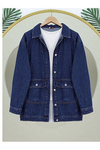 Modamorfo Spread Stone Detailed Denim Jacket with Flap Pockets - Indigo