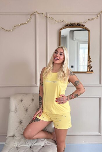 Pijamaevi Yellow Shine Patterned Bamboo Women's Pajama Set with Zero Sleeve Shorts