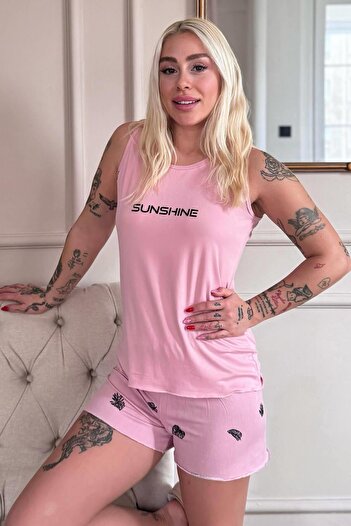 Pijamaevi Salmon Sunshine Patterned Bamboo Women's Pajama Set with Zero Sleeve Shorts