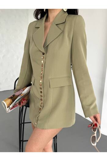 buqre's moda Trend Women's Gold Snap Detailed Design Long Blazer Jacket