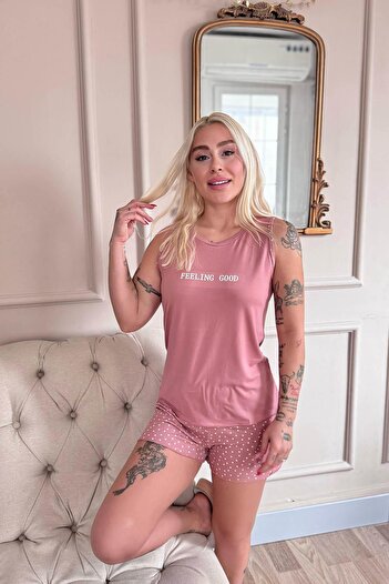 Pijamaevi Powder Feeling Good Patterned Bamboo Women's Pajama Set with Zero Sleeve Shorts