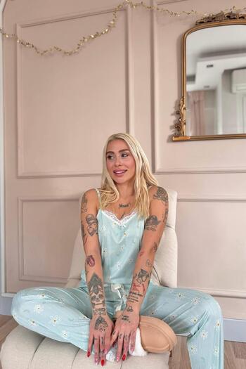 Pijamaevi Mint Daisy Lace Rope Strap Knitted Women's Pajama Set