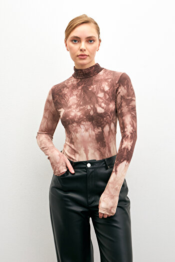 Bipantolon Women's Mocha Tie Dye Patterned Finger Detailed Bodysuit