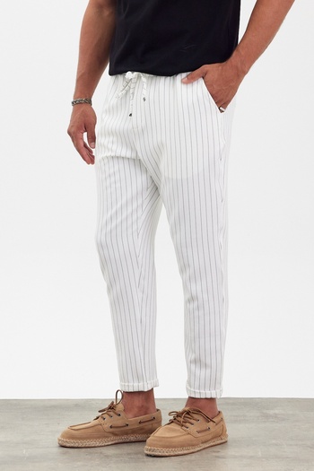 MADZEYMODA New Season Men's Trousers - Elastic Waist, Double Leg, White Line Mz22033