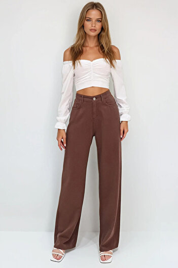 VAGGON Women's Brown High Waist Five Pockets Wide Leg Summer Gabardine Trousers Prmx13761