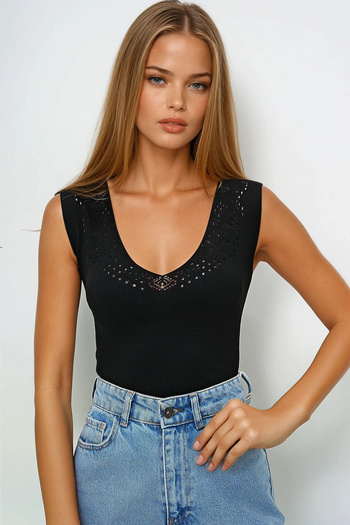 VAGGON Women's Black Front Back V Neck Openwork Summer Knitwear Blouse Prmx13753