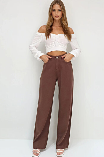 VAGGON Women's Brown High Waist Five Pockets Wide Leg Summer Gabardine Trousers Prmx13761