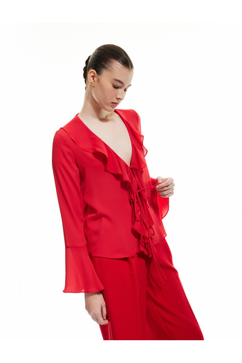 Koton Long Spanish Sleeve V-Neck Bow Detail Tie-Up Crepe Ruffle Shirt