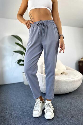 Maldia Shop Women's Elastic Waist, Tassel Detail, Piece Dye Gabardine Gray Trousers