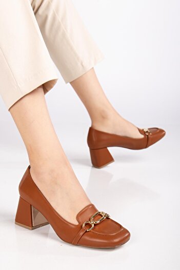 Dilimler Ayakkabı Large Small Size Blunt Toe Buckle Skin Tan Women's Thick Heeled Shoes