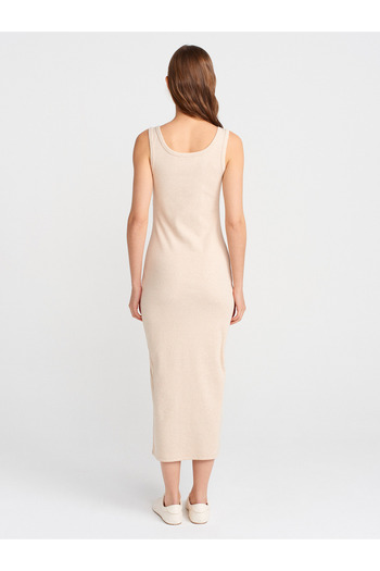 Dilvin 91382 Rochie midi cu detaliu cu nasturi-Bej Melange