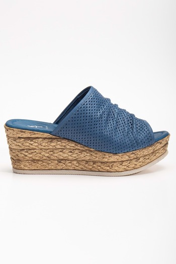 ANALİN SHOES Blue Genuine Leather Women's Wedge Heel Slippers