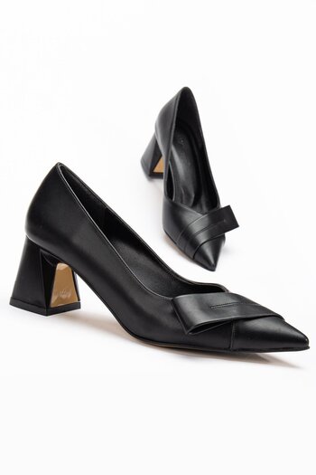 Dilimler Ayakkabı Women's Heeled Shoes Black Side Bow Thick Heeled