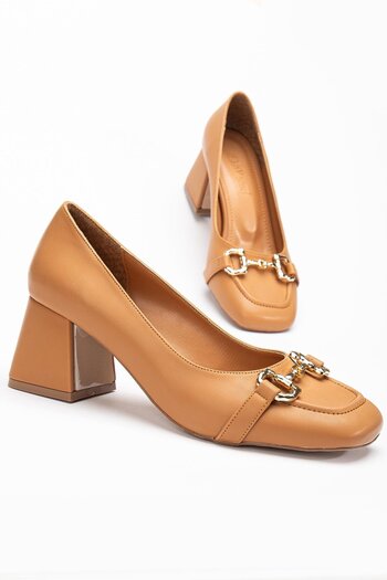 Dilimler Ayakkabı Large Small Size Blunt Toe Buckle Skin Camel Women's Thick Heeled Shoes