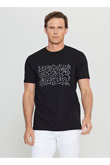 ALTINYILDIZ CLASSICS Altınyıldız Classics Crew Neck εμπριμέ μαύρο ανδρικό μπλουζάκι ACE091252412_SYH