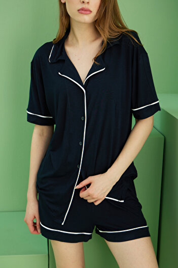 Siyah İnci Navy Blue Shirt Collar Buttoned Bias Viscose Knitted Wide-Loose Fit Shorts Set7827