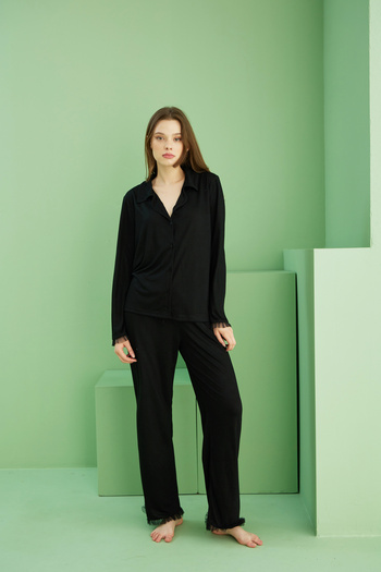 Siyah İnci Black Tulle Detailed Shirt Collar Buttoned Long Sleeve Viscose Knitted Pajama Set7826