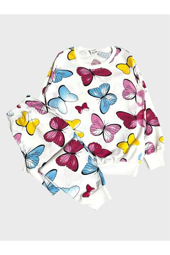 ALİŞ KİDS Set de pijamale sezoniere pentru fete, bumbac, alb, roz, cu mâneci lungi, cu modele de fluturi
