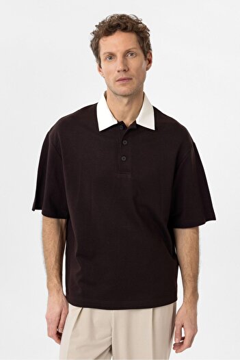 Antioch Brown Contrast Collar Interlock Textured Men's T-Shirt