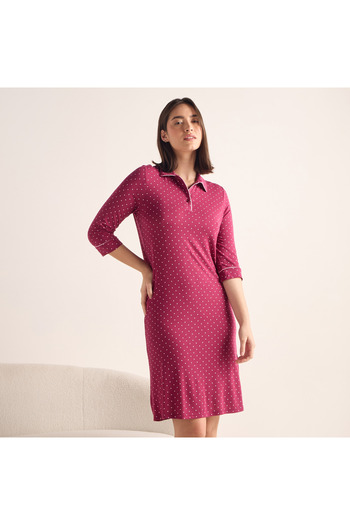 FAV Polka Dot Print Night Dress with Polo Collar and 3/4 Sleeves
