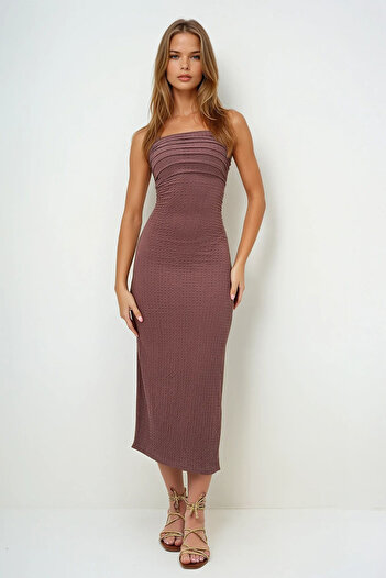 VAGGON Brown Wrap Fabric, Gathered Sides Strapless Dress Prmx13413