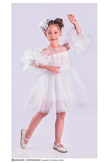Magu Girl's Red Pom Pom Sleeve Tutu Skirt Dress