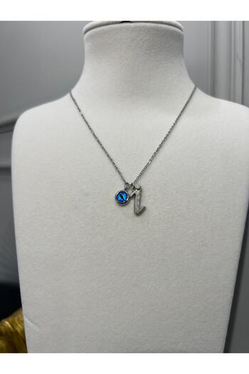 Store Letter Necklace - Letter with Evil Eye Beads, Steel Chain