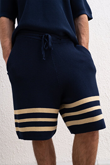 GIESTO Striped Knitwear Navy Blue Shorts