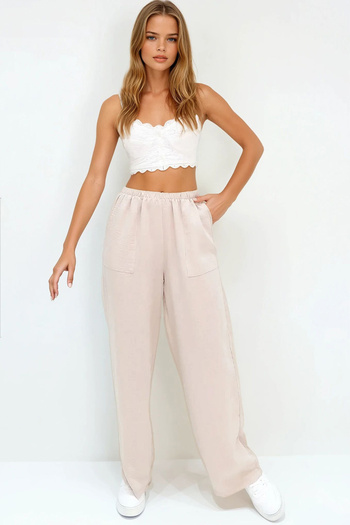 VAGGON Women's Beige Double Pocket Elastic Waist Linen Wide Leg Pants Prmx13768