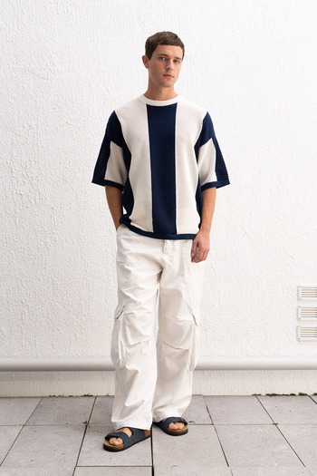 GIESTO Striped Crew Neck Knitwear Navy Blue T-Shirt
