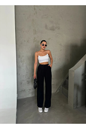 mymoda Kadın Palazzo Siyah Pantolon Detaylı Salaş Paça
