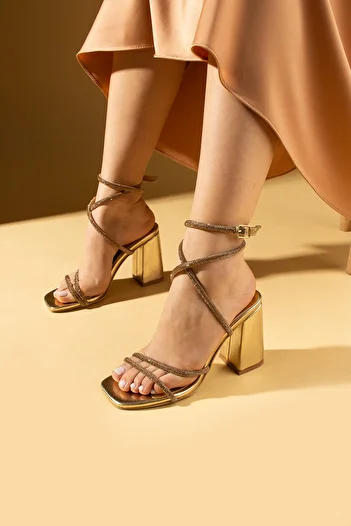 Pembe Potin Lame Gold Stone Banded Graduation Office Evening Dress Night Stylish Heeled Shoes